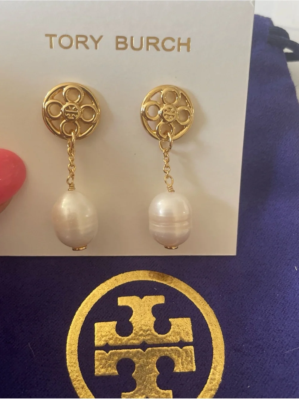 Tory Burch Gold Logo Drop Earrings with Cream Pearl